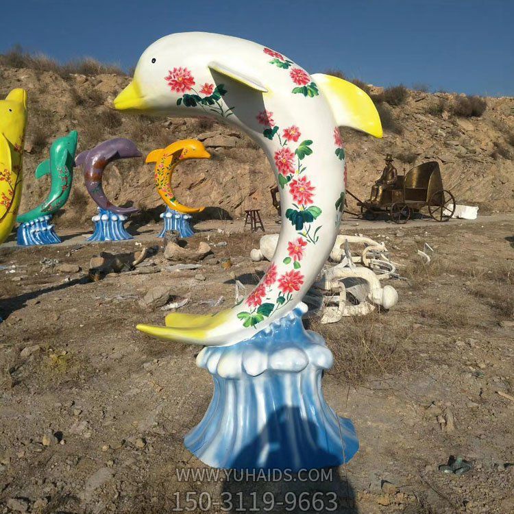玻璃鋼彩繪海豚，彩色印花海豚雕塑擺件