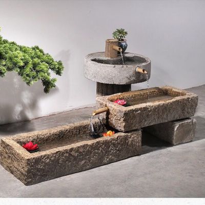 石槽組合魚(yú)缸石頭水缸養(yǎng)魚(yú)石盆戶外石磨青石景觀流水?dāng)[件