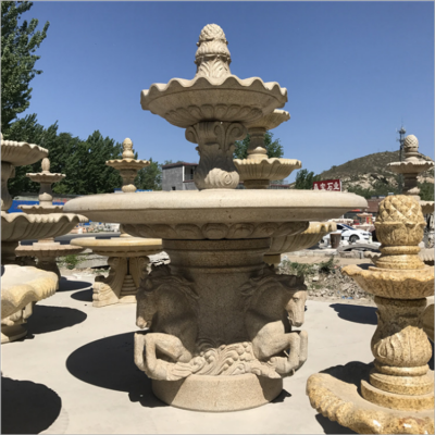 黃蠟石石雕噴泉流水缽，雙層黃色裝飾馬的水缽