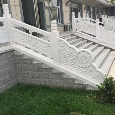 園林樓梯步道漢白玉石欄桿，云柱刻花石雕欄板