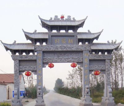 青石浮雕三門(mén)五樓鄉(xiāng)村牌坊雕塑擺件