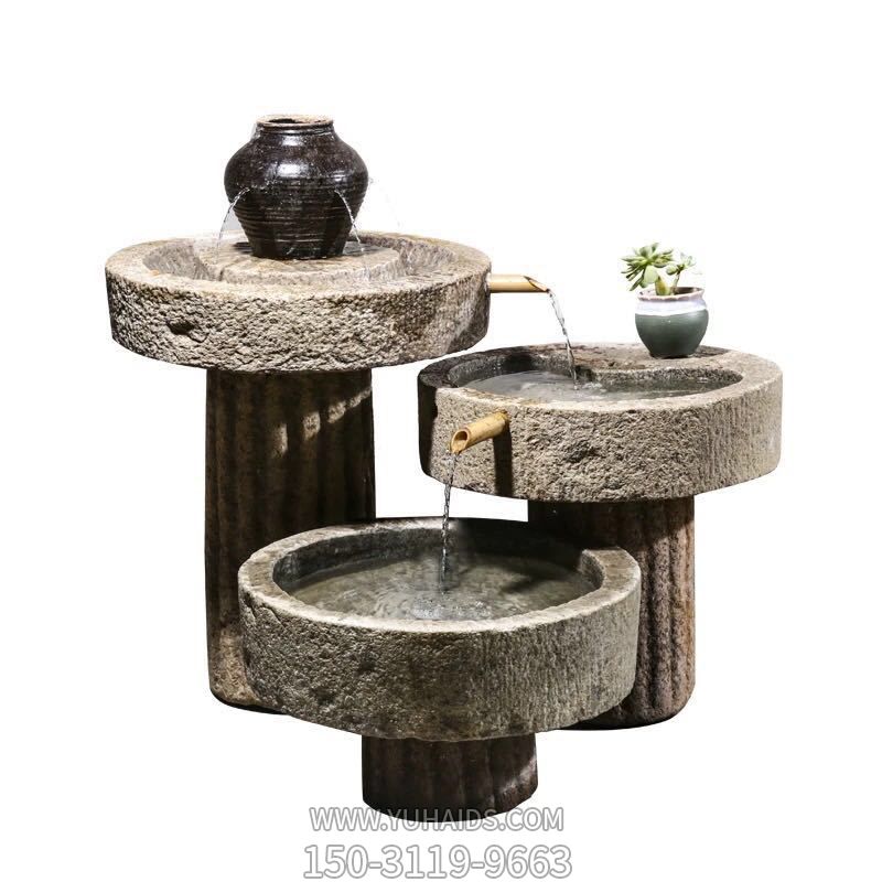 別墅庭院擺放老石槽組合魚(yú)缸石頭戶(hù)外石磨青石景觀流水?dāng)[件雕塑