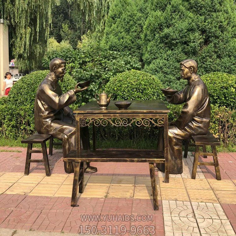 大碗茶，玻璃鋼仿銅民俗生活人物情景雕塑