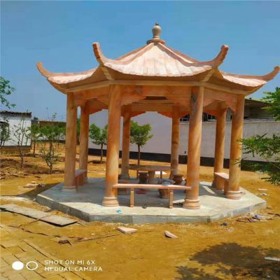 晚霞紅八角涼亭，單層石雕亭子