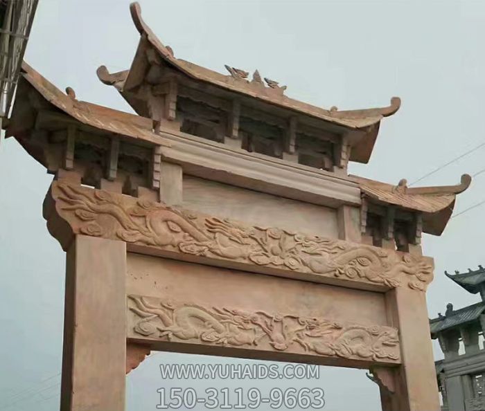 村莊建設(shè)晚霞紅石雕單門(mén)三樓牌坊雕塑
