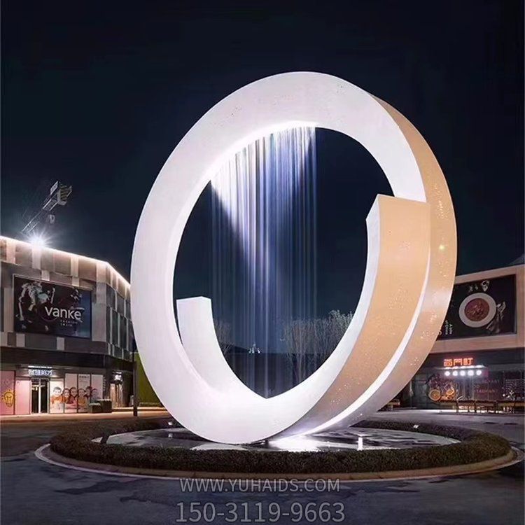 不銹鋼噴霧圓環(huán)金屬月亮發(fā)光噴泉水景裝飾擺件定制雕塑