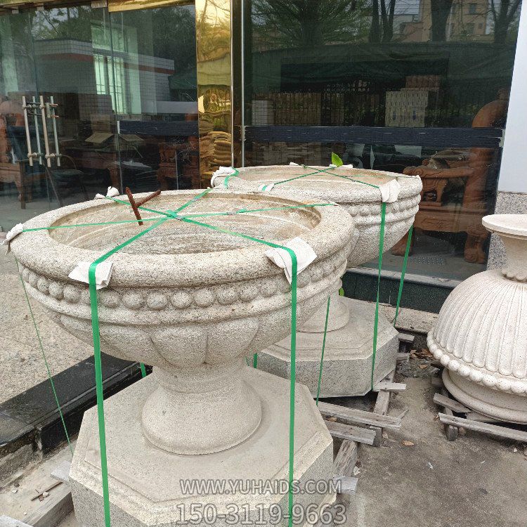 花崗巖石雕花盆，歐式大花缽雕塑