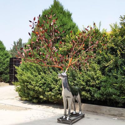 樹葉鹿，不銹鋼鏡面鹿雕塑
