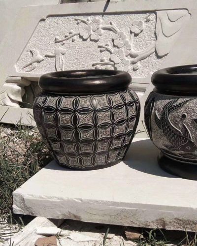 青石石雕庭院編織工藝魚(yú)缸雕塑