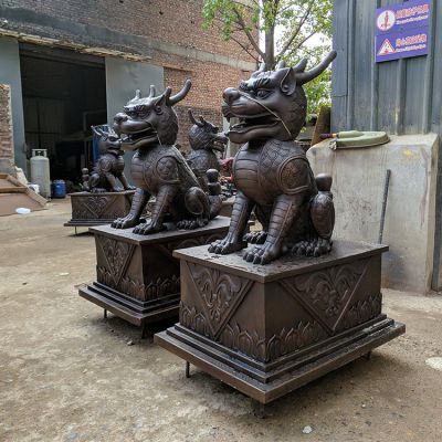 銅麒麟，黃銅鑄造麒麟銅雕一對(duì)