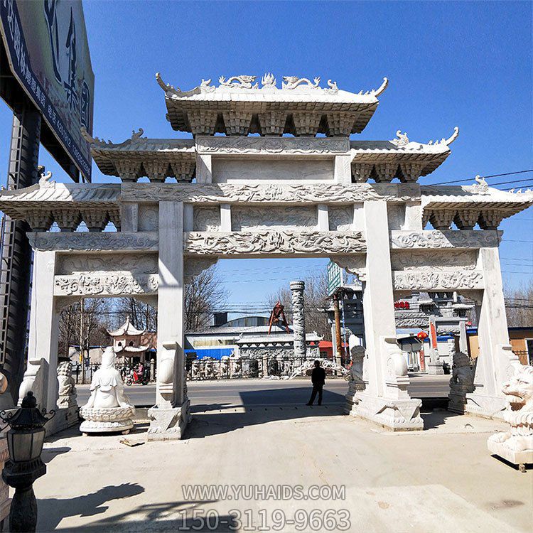 石雕牌坊，大型三間四柱漢白玉石雕牌樓雕塑