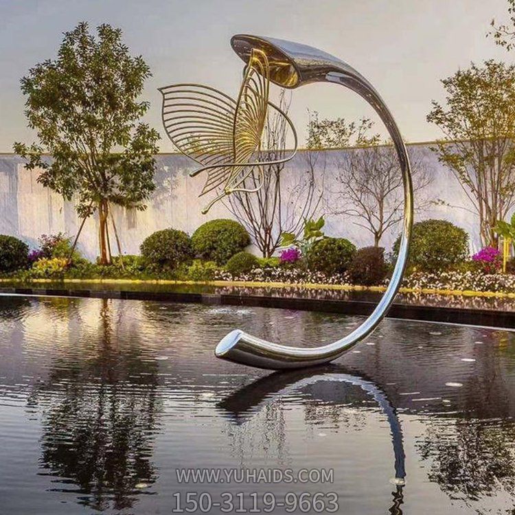 不銹鋼湖面創(chuàng)意景觀雕塑，蝴蝶、c型環(huán)