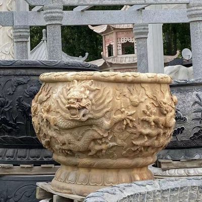 晚霞紅大理石石雕水缸，龍紋魚缸