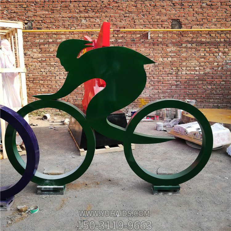 騎自行車，鐵藝剪影運(yùn)動(dòng)人物雕塑