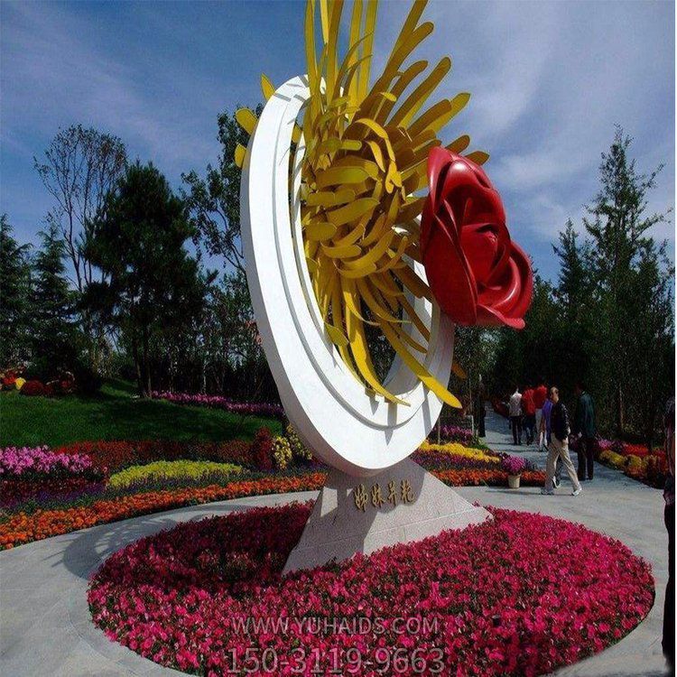 姊妹并艷，不銹鋼創(chuàng)意玫瑰花、菊花景觀雕塑