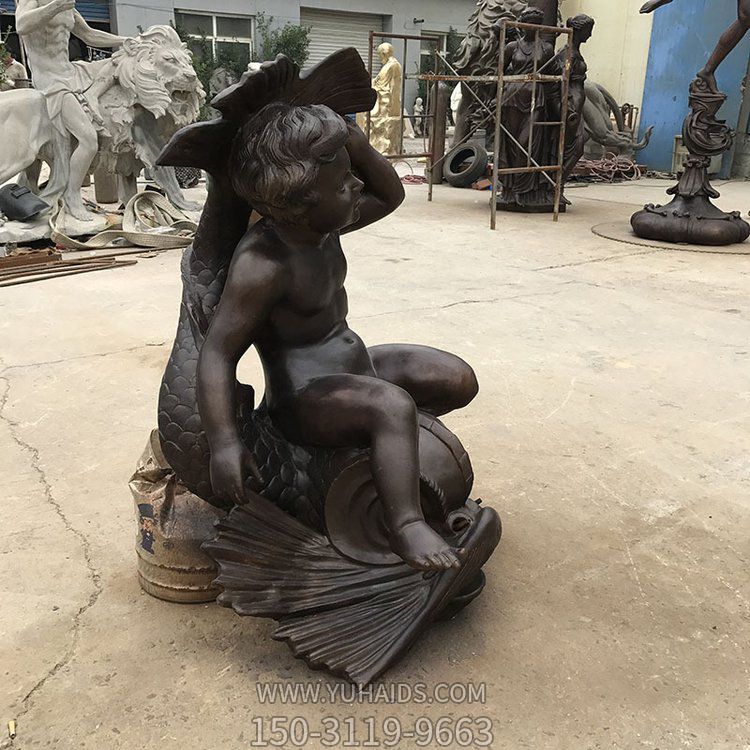 創(chuàng)意景觀銅雕坐在魚(yú)背上的兒童景觀雕塑