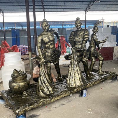 捕魚，玻璃鋼仿銅民俗生活人物情景雕塑