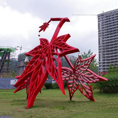 不銹鋼樹葉景觀擺件，紅色楓葉不銹鋼雕塑