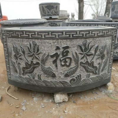 青石浮雕荷花鯉魚福字長(zhǎng)形養(yǎng)魚水缸體院擺件