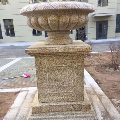 黃銹石石雕花盆，別墅庭院歐式花缽