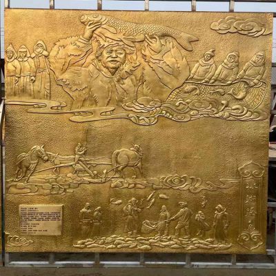 冰湖騰魚，漁文化主題浮雕，銅雕壁畫
