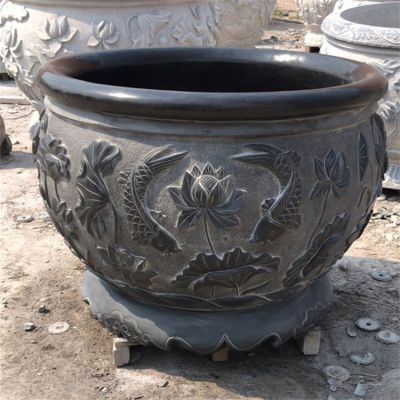 青石浮雕鯉魚(yú)荷花水缸庭院擺件雕塑