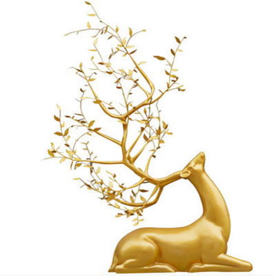 臥姿抬頭梅花鹿，樹葉修飾創(chuàng)意鹿雕塑