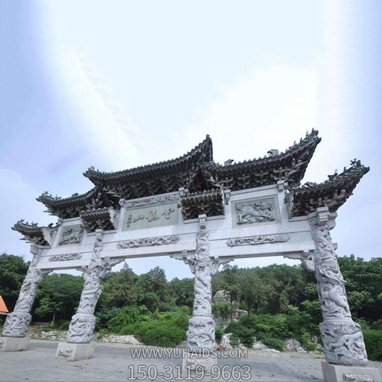 天然青石浮雕中式古典三門(mén)樓石雕牌坊雕塑