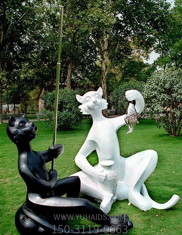 玻璃鋼抽象大貓咪，黑白兩色釣魚(yú)貓咪雕塑