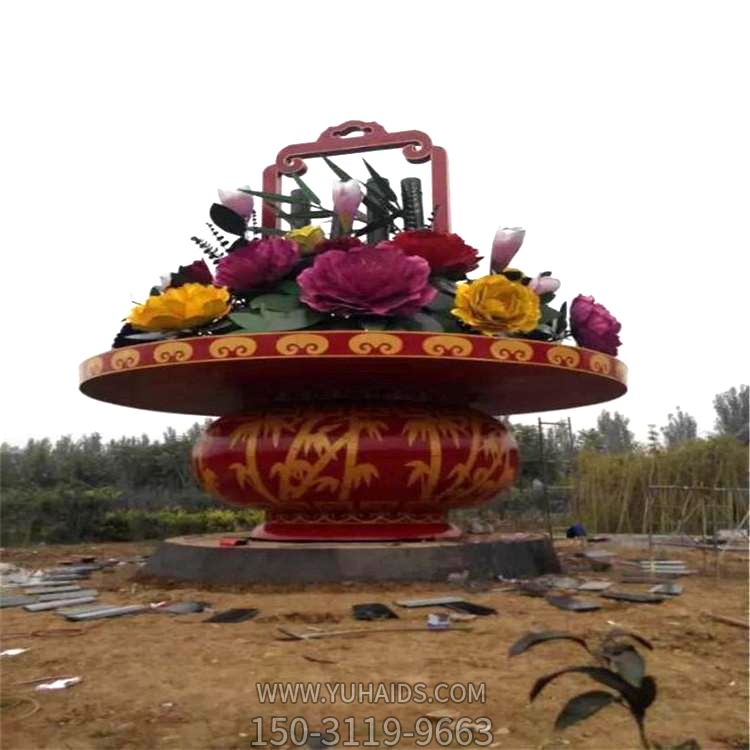公園廣場(chǎng)大型玻璃鋼景觀花籃，慶典大花籃雕塑