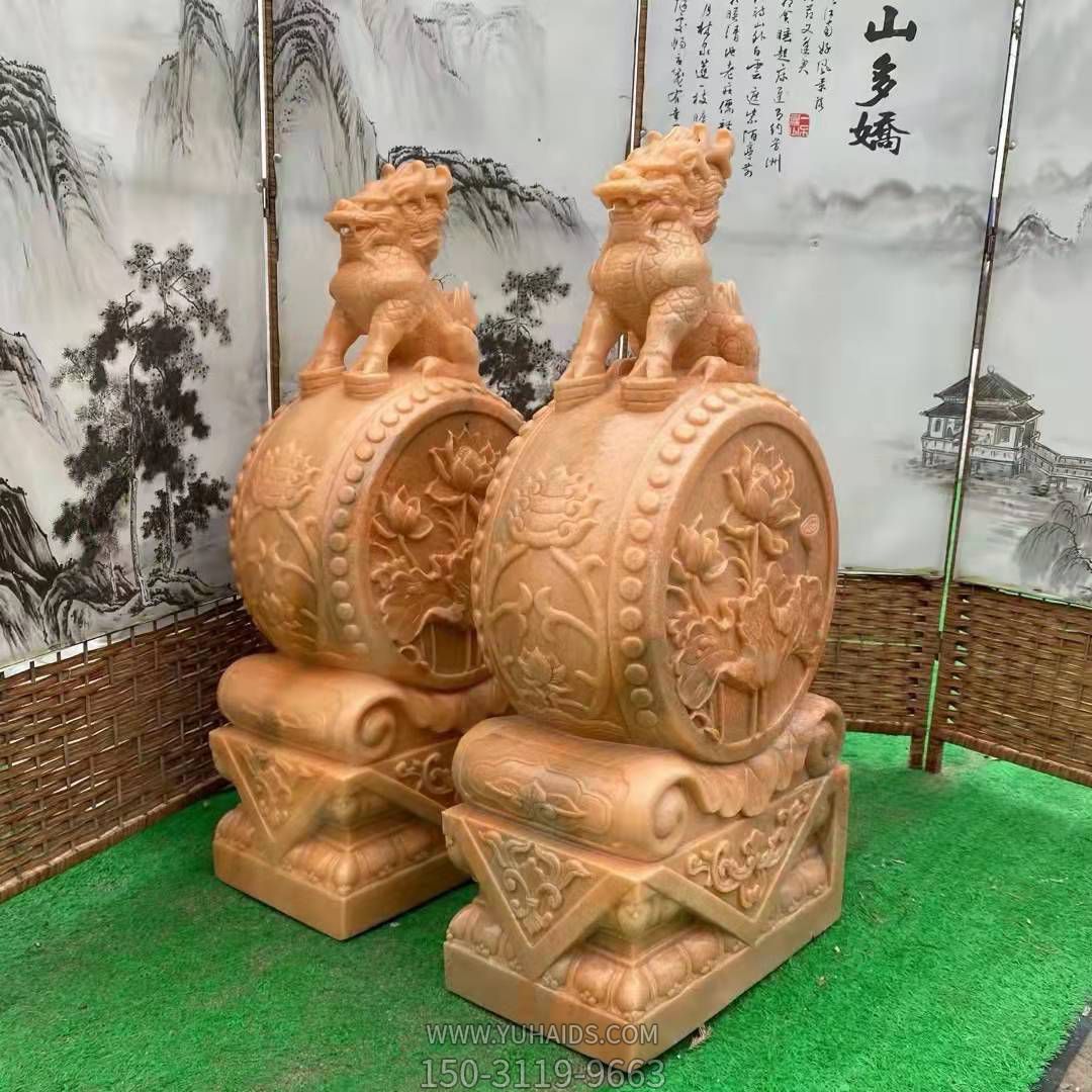 麒麟抱鼓石，晚霞紅荷花門墩雕塑