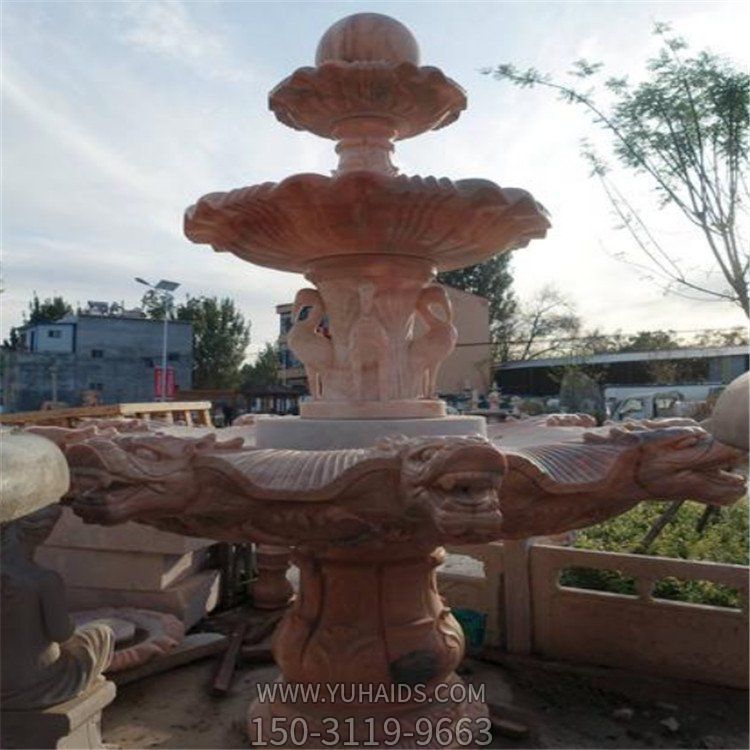 庭院裝飾大理石晚霞紅雕刻三層中式流水噴泉水缽雕塑