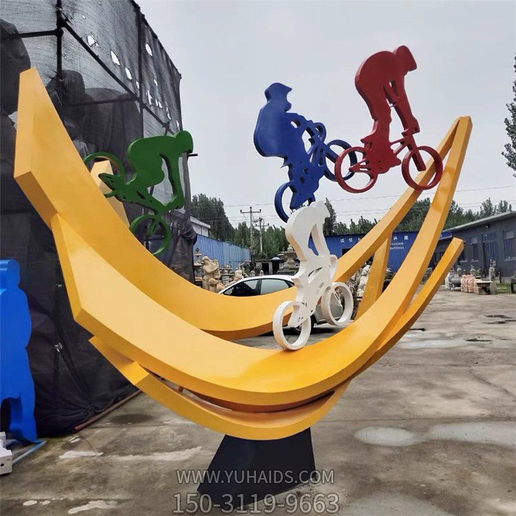 不銹鋼幾何戶(hù)外園林景觀騎自行車(chē)的抽象人物擺件雕塑