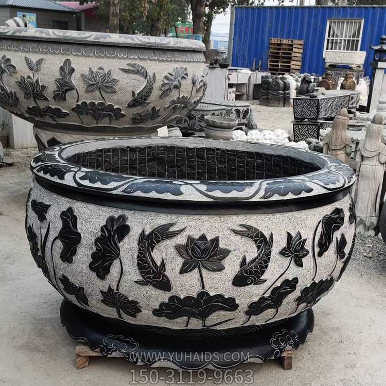 天然青石仿古石雕魚缸花盆 庭院荷花缸戶外花園養(yǎng)魚池水缸雕塑