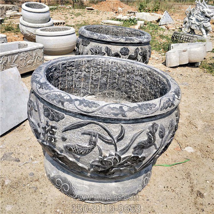 青石魚缸，鯉魚荷花刻紋仿古水缸雕塑