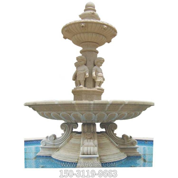 酒店別墅水池?cái)[放大型黃銹石歐式小孩流水噴泉雕塑