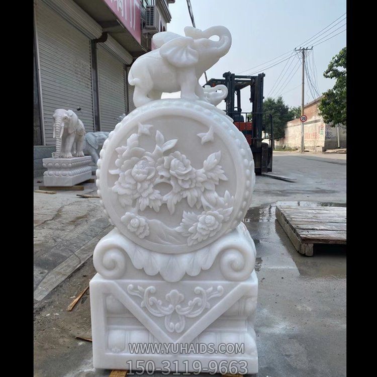 漢白玉石雕浮雕大象飯店庭院門口鎮(zhèn)宅招財(cái)抱鼓石擺件雕塑
