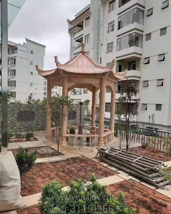 小區(qū)園林石涼亭，晚霞紅大理石石雕亭子雕塑