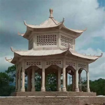 大型廣場(chǎng)擺放雙層鏤空大理石涼亭景觀