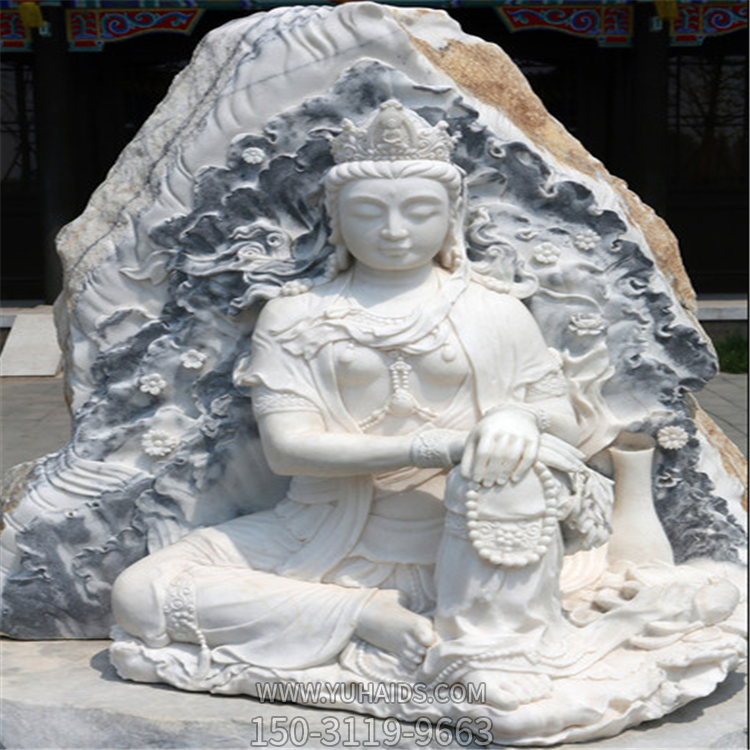 石雕觀音，漢白玉大理石浮刻觀世音菩薩雕塑