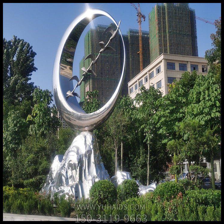 不銹鋼假山+大雁+月亮，景觀山水創(chuàng)意雕塑