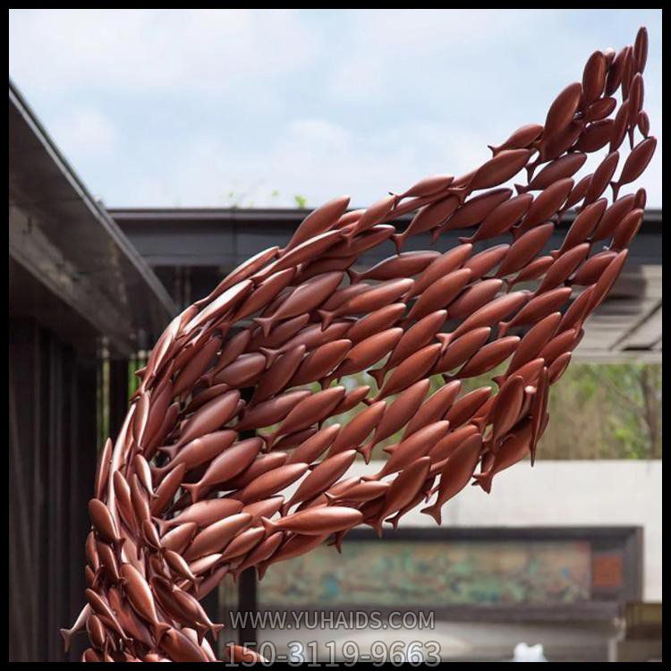 大型不銹鋼鐵藝鏡面地產(chǎn)魚群校園擺件 水池景觀抽象藝術景觀雕塑