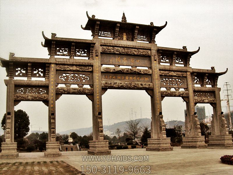 景區(qū)古建筑花崗巖五門(mén)樓牌坊石雕雕塑