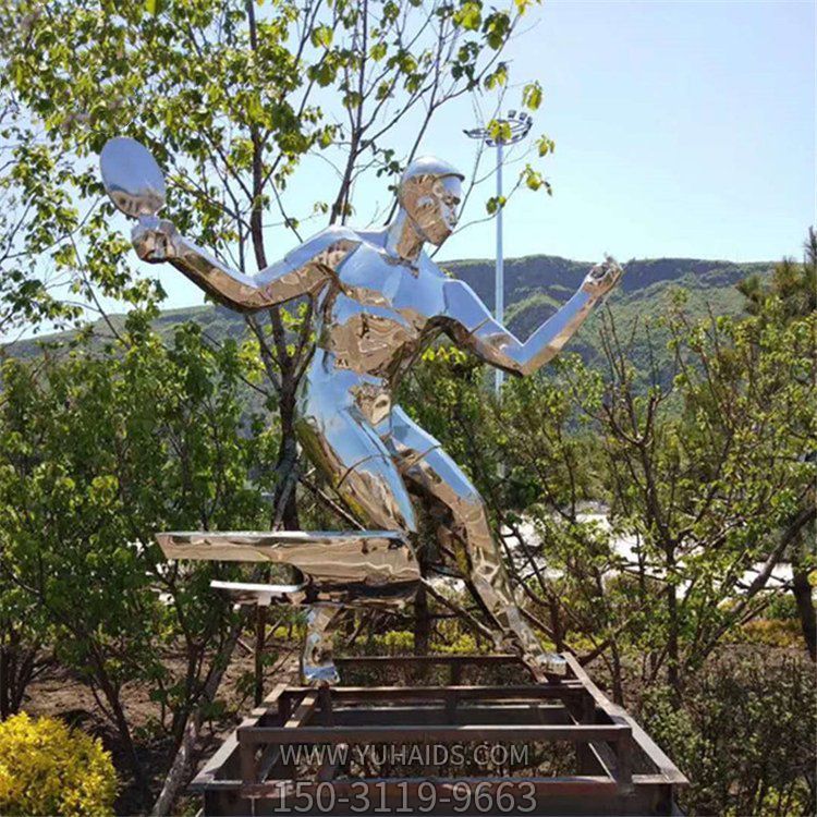 不銹鋼鏡面抽象乒乓球運(yùn)動人物公園小品雕塑