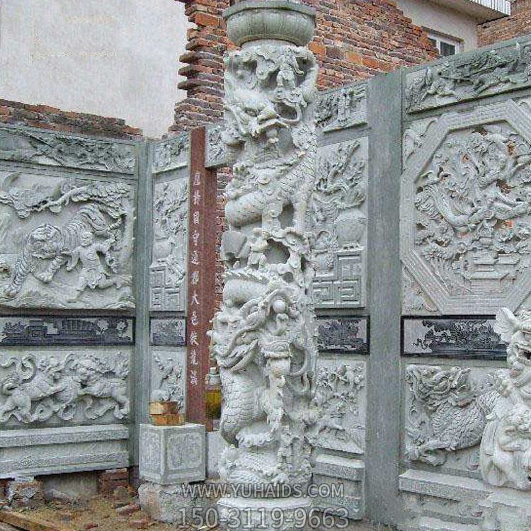 古建高浮雕壁畫，盤龍柱雕塑