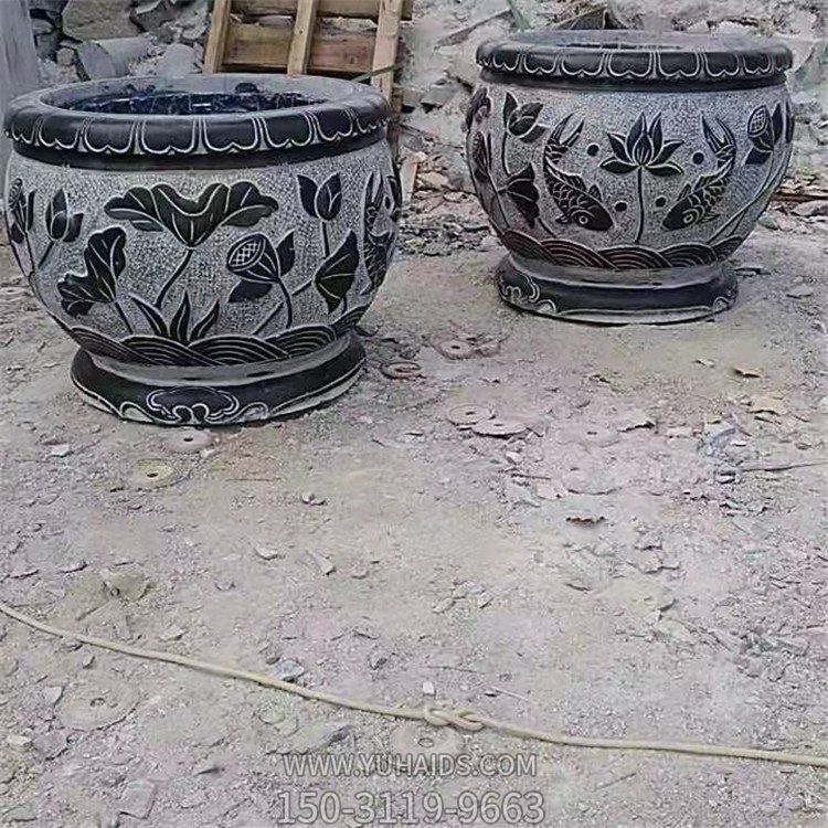 鯉魚，荷花，荷葉紋飾石雕水缸雕塑