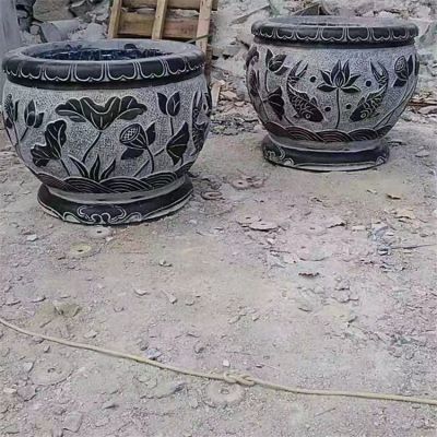 鯉魚，荷花，荷葉紋飾石雕水缸