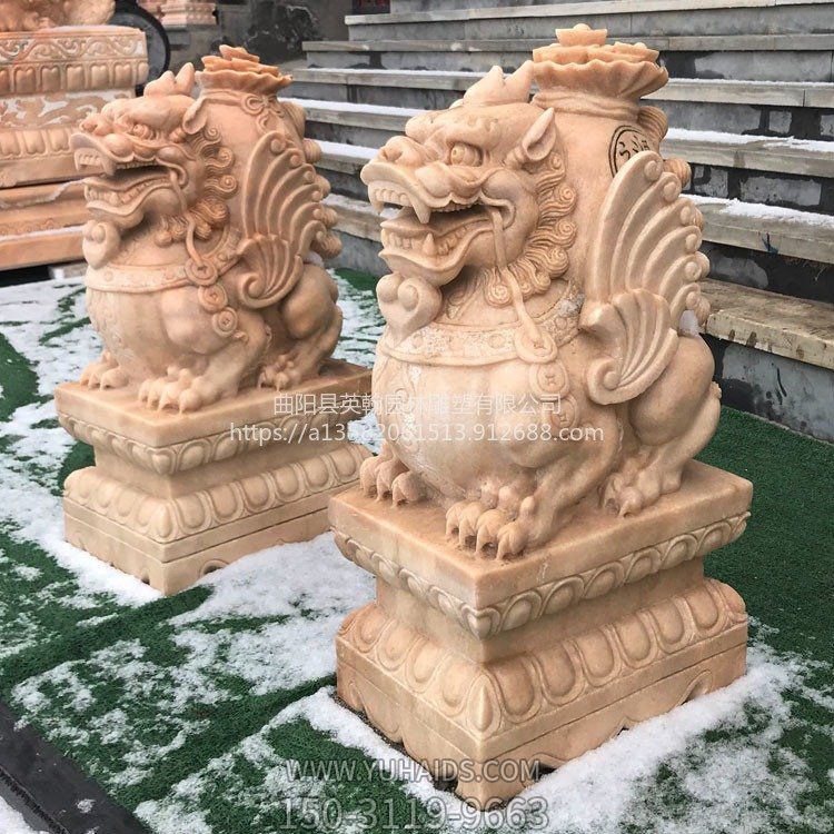 晚霞紅石雕門(mén)墩抱鼓石門(mén)口庭院貔貅雕塑