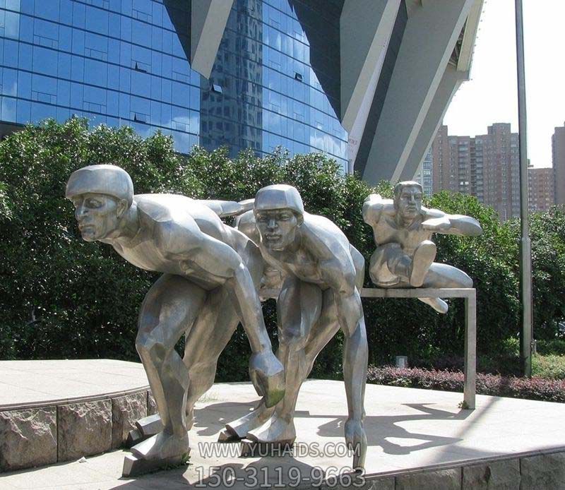 商場戶外擺放拋光不銹鋼跨欄運(yùn)動主題雕塑