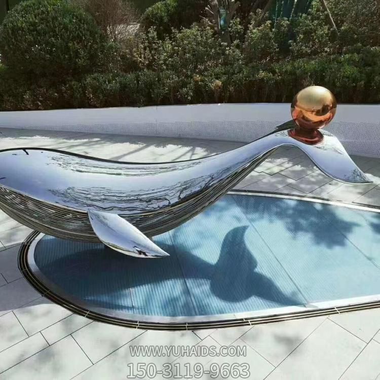 戶(hù)外園林景觀抽象不銹鋼金屬鏡面水景擺件鯨魚(yú)雕塑